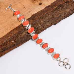 Red Coral Oval Shape Gemstone Silver Bracelet Vintage Style 925 Sterling Silver Bohemian Jewelry Gift - Product Image 1