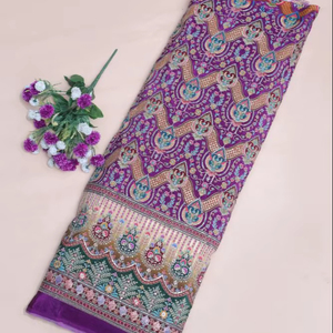 ผ้าเครปสีม่วงรอยัลธรรมชาติ ลายดอกไม้เรขาคณิตแบบชาติพันธุ์ พิมพ์ลายแบบวางซ้อนกัน พร้อมขอบตกแต่งอย่างหรูหรา สำหรับทำชุดคุर्ติ - Product Image 1