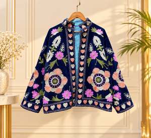 <b>Women</b>’s White Floral <b>Embroidered</b> <b>Jacket</b>, Blue Embroidery Ethnic Boho Outerwear Mandarin Collar Lantern Sleeve Spring Quilted fit - Product Image 5