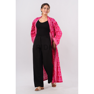 Bata de Baño Kimono para Mujer 100% Algodón Puro, Estampado Floral Ikat Rosa sin Costuras de Ridhi's, Transpirable para Primavera y Otoño - Product Image 4