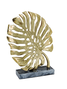 ประติมากรรมใบมอนสเตอร่าสีทองสมัยใหม่ ทำจากอะลูมิเนียม ตั้งบนฐานหินอ่อนสีเทา ตกแต่งด้วยทองเหลืองโบราณ รูปทรงใบปาล์มเขตร้อน สำหรับตกแต่งโต๊ะทำงาน - Product Image 3