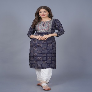 <b>Women</b> Blue Bandhani Printed Embroidery Work Yoke On Neck Kurti with , 3/4 Sleeves Casual Ethnic Wear Straight <b>Kurta</b> - Product Image 1