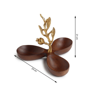 Plateau de service triple en bois de luxe avec poignée en métal doré en forme de branche de grenade pour fruits secs, décoration d'intérieur - Product Image 4