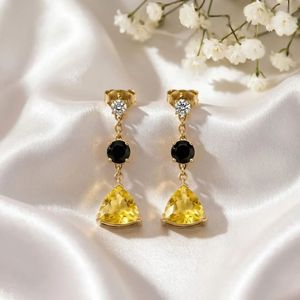 Lemon Quartz Trillion Cut & Black Obsidian Drop <b>Earrings</b> With CZ Accent Minimalist Stud <b>Dangle</b> Handmade 925 Sterling <b>Silver</b> - Product Image 1