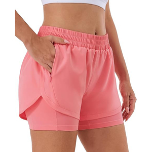 Coral Pink 2 1 Women's Breathable Gym Running Shorts Flowy Polyester/Cotton Quick Dry Fitness Workout High Waist <b>Drawstring</b> - Product Image 1