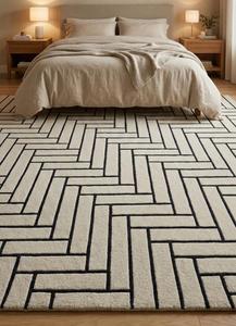 Hing Dimand Hand-Tufted <b>Abstract</b> Wool Non-Slip Area <b>Rug</b>-Cream & Charcoal Black Minimalist Floor Carpet - Product Image 4