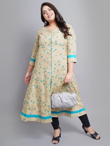 Kurti Anarkali imprimé fleuri kaki en tissu rayonne avec col en V et manches trois quarts pour femmes grandes tailles - Product Image 1