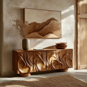 Buffet en bois massif Wabi Sabi fait main et écologique, 4 portes, sculpté, style shaker, meuble de rangement moderne pour salon - Product Image 1