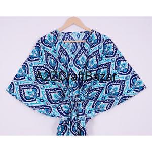 Caftán de Algodón para Mujer, 100% Ecológico, Estampado Floral, Vestido Midi para Playa, Cuello en V, Manga Corta, Cintura Natural, Ajustado, con Volantes y Borlas - Product Image 2