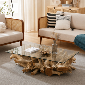 Table basse moderne et contemporaine en racine de teck, design combiné, bois massif, bord naturel, plateau en verre, écologique, durable, faite à la main pour la maison - Product Image 1