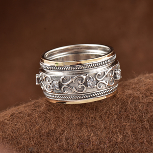 Bague en argent sterling 925 et or 9 carats avec pierres CZ, bague de mariage large pour femme, zircone ronde, bague tendance - Product Image 4