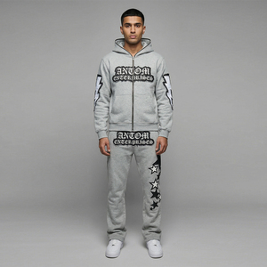 Breathable Unisex Winter Fleece Two Piece Outfit Full Zipper Hoodie Flare Trouser Tracksuit 100% Cotton Jogging Fashion Suit - Product Image 4