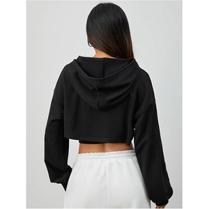 Women's <b>Black</b> Hooded <b>Crop</b> <b>Top</b> Solid Color <b>Long</b> <b>Sleeve</b> Asymmetric Cutout Design Casual Autumn Wear - Product Image 2