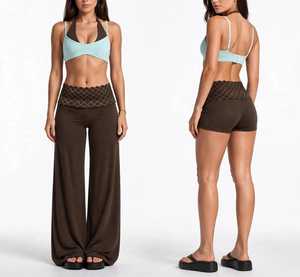 Ensemble de yoga 2 pièces pour femme, haut court vert menthe, pantalon évasé à taille en maille marron - Product Image 1