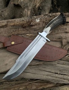 Couteau de chasse Bowie à pointe clip en acier D2 fait main avec manche en corne de cerf et étui en cuir, lame fixe, qualité DIY, OEM disponible - Product Image 5