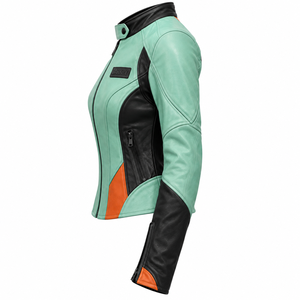 Chaqueta de Cuero Genuino para Mujer, Color Verde Menta, Naranja y Negro, Estilo Racing, Corte Ajustado, para Motocross, Deportes y Motociclismo - Product Image 4