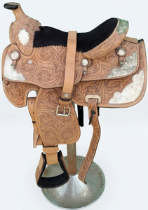 Silla de montar western de cuero para niños con estructura de fibra de vidrio y adornos florales, disponible en 11”, 12”, 13” – Producto ecuestre - Product Image 5