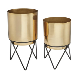 Macetas de metal dorado con soporte de alambre negro, juego de 2 macetas cilíndricas para realzar esquinas vacías, entradas o pasillos - Product Image 1