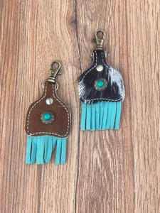 Porte-clés en cuir de vachette fait main porte-clés en cuir de forme exotique mignon porte-clés en cuir de vachette turquoise à franges pour unisexe - Product Image 5