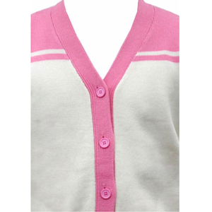 Women Acrylic Embroidered <b>Knitted</b> <b>Cardigan</b> V-Neck Full Sleeve Contrast Color Pink <b>White</b> Casual Button Front Pocket Breathable - Product Image 3