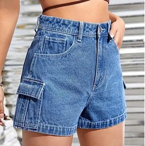 Shorts de mezclilla de cintura alta de moda al por mayor para mujer, de alta calidad, informales, de verano, estilo urbano, de algodón, con pedrería personalizada y efecto desgastado. - Product Image 6