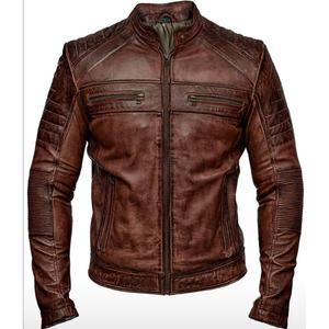 Men's Genuine Leather Motorcycle <b>Jacket</b> Slim Fit Stand Collar Zipper Closure Windproof Moto <b>Biker</b> Style Autumn Wear - Product Image 1
