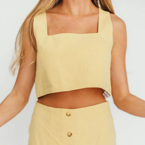 Women 2 Piece Set Sleeveless Crop <b>Top</b> Full Length Skirt Solid Yellow <b>Linen</b> Casual Spring Summer Outfit - Product Image 5