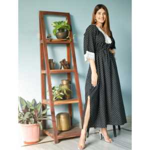 Caftán de Algodón Negro con Estampado de Lunares, Talla XS, Silueta Holgada para Uso Diario, Transpirable, con Cuello Peter Pan - Product Image 2