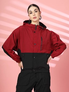 เสื้อแจ็คเก็ตกันลมมีฮู้ดสีแดงดำสำหรับผู้หญิง แขนยาว ซิปยาวเต็มตัว สไตล์ลำลอง ใส่ได้ในฤดูหนาว ผลิตจากผ้าฝ้าย - Product Image 1