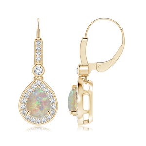 Pendientes colgantes de oro macizo de 14 quilates con ópalo en forma de pera y halo de diamantes, piedra de nacimiento de octubre, joyería nupcial para mujer - Product Image 1