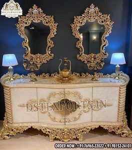 Classic French Style Vanity with <b>Side</b> Cabinets <b>Set</b> Luxury Cream &Gold Wooden Dressing <b>Table</b> Best Selling Rococo Style Dresser UK - Product Image 4