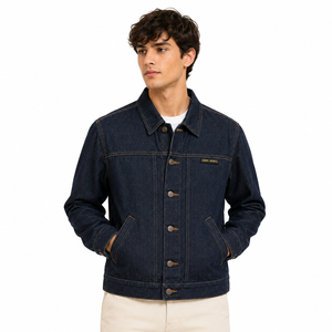 Veste en jean vintage pour homme, coupe lourde, délavée foncée, avec logo personnalisé, style workwear, veste de camionneur, streetwear d'extérieur, manteau oversize - Product Image 1