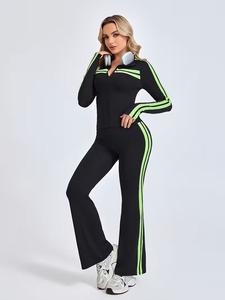 Womens Slim Fit <b>Zip</b> <b>Up</b> <b>Jacket</b> and Flared Pants Tracksuit Set | Two Piece Activewear Suit with Thumbholes & Stripe Print - Product Image 3