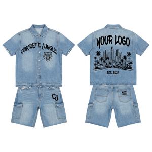 Ensemble jean homme deux pièces personnalisé par le fabricant, chemises à manches courtes boutonnées et shorts en jean de haute qualité, style streetwear. - Product Image 1