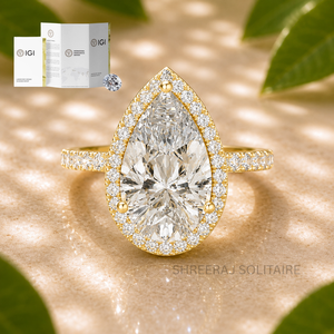 Bague de fiançailles avec halo de diamants de laboratoire taille poire de 5 carats |   Bague en diamant CVD certifié IGI en or jaune massif 14 carats - Product Image 1