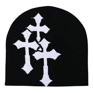 Gorros de punto jacquard personalizados con puño, cálidos y transpirables, de tela acrílica/algodón, con diseño de calavera, MOQ bajo, OEM, con lazos de puntos - Product Image 2