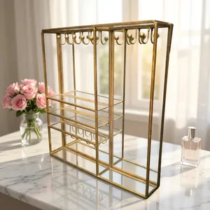 Artisan Design SH27 Brass/Glass/Mirror Jewelry Organizer with <b>Hooks</b> <b>Shelves</b> for Rings Earrings Necklace Storage (11x11.75x2.25") - Product Image 3