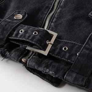 Veste en jean noire pour homme avec fermetures éclair, style motard, streetwear, denim épais, coupe slim avec ceinture, haute qualité - Product Image 2