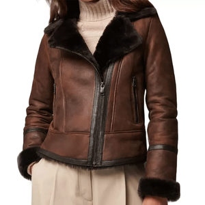 Women's Genuine Leather <b>Racer</b> <b>Jacket</b> Solid Color Zipper Closure Sherpa Lined Autumn Winter Outerwear Regular Length Full Sleeve - Product Image 1