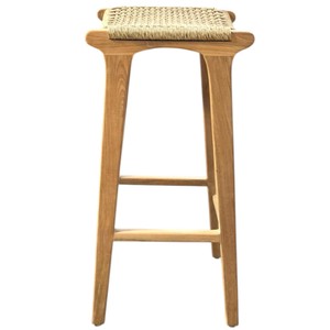 Tabouret de bar en teck massif naturel, style mid-century modern, hauteur de comptoir, avec assise en rotin tressé à la main, pour restaurant, hôtel, café - Product Image 2
