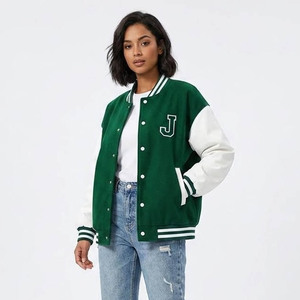 <b>Men's</b> Green <b>White</b> Varsity <b>Jacket</b> Letter J Embroidered Preppy Style Regular Fit Turn-down Collar Autumn Wear - Product Image 5