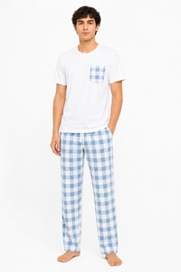 Ensemble de pyjama en coton pour homme, vêtements de nuit à carreaux de qualité supérieure, pyjama à manches courtes, tenue de détente confortable, tissu doux, ensemble coordonné de pyjama - Product Image 1