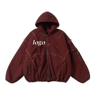 Nesta Sports Custom Vintage Fleece Windproof <b>Jacket</b> High Quality Distressed Hooded Oversized Streetwear Frayed <b>Patch</b> <b>Jacket</b> - Product Image 1