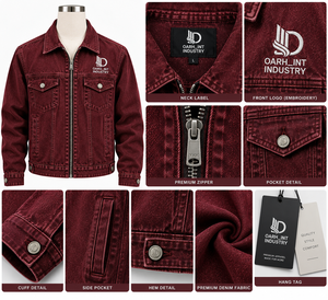 Veste en jean bordeaux pour homme OARH_INT INDUSTRY, coupe classique, fermeture éclair, broderie, couleur unie, style décontracté, pour l'automne - Product Image 6