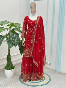 Factory Price OEM Premium <b>Red</b> Heavy Work Sharara Suit Traditional Indian Pakistani Ethnic Wear Readymade Kurti Sharara Set Whole - Product Image 6