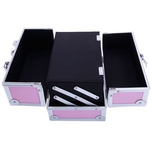 Portatile per il trucco in alluminio rosa con doppia apertura superiore con manico a specchio professionale di bellezza organizzatore cosmetico - Product Image 3