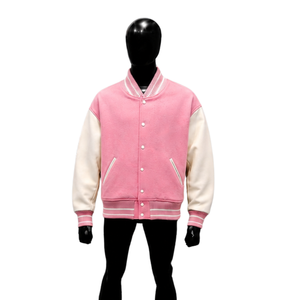 Chaqueta Varsity Rosa Clásica para Hombre, Estilo Preppy, Forro Polar, Algodón y Poliéster, Cuello Camisero, Manga Regular, Color Sólido, Ropa de Otoño - Product Image 1