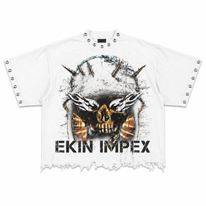 Custom White Oversized T-Shirt Men 3D <b>Skull</b> Print Streetwear Hip Hop Tee with Metal Studs Rivets Distressed Raw Hem Heavyweight - Product Image 1