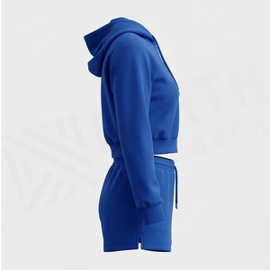 Conjunto de Sudadera con Capucha Azul de 2 Piezas para Mujer con Pantalones Cortos con Estampado de Llamas, Atuendo Casual de Primavera/Verano - Product Image 3