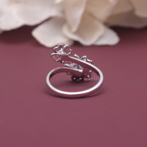 Bague ouverte florale en argent sterling 925 massif avec diamants ronds roses et blancs cultivés en laboratoire certifiés IGI, motif double fleur - Product Image 4